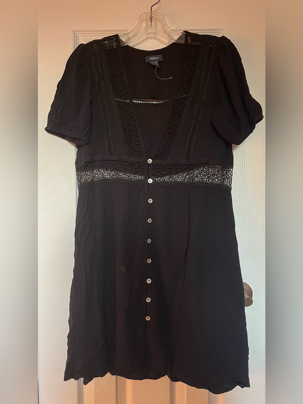 Forever 21 Black Button-Front Crochet Inset Blouse